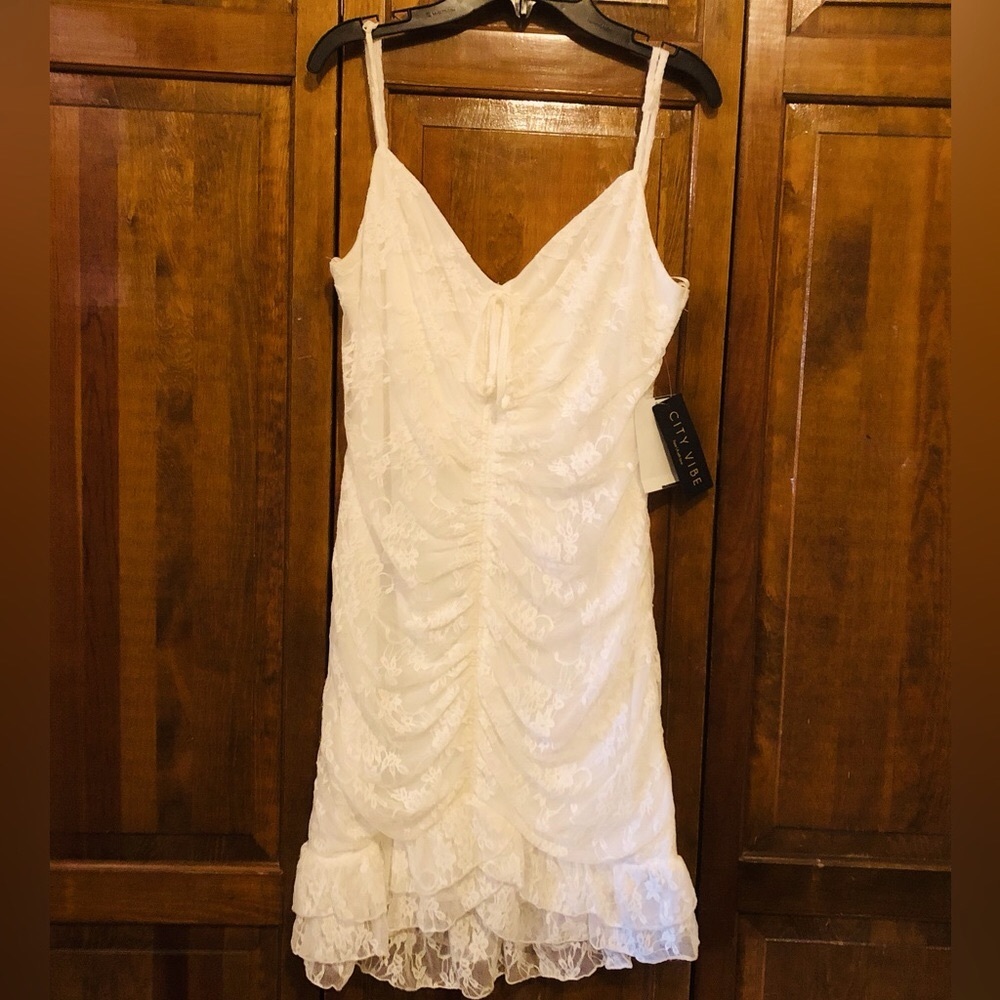 Ruched White Soft Lace Dress by City Vibe, NWT, Size 13